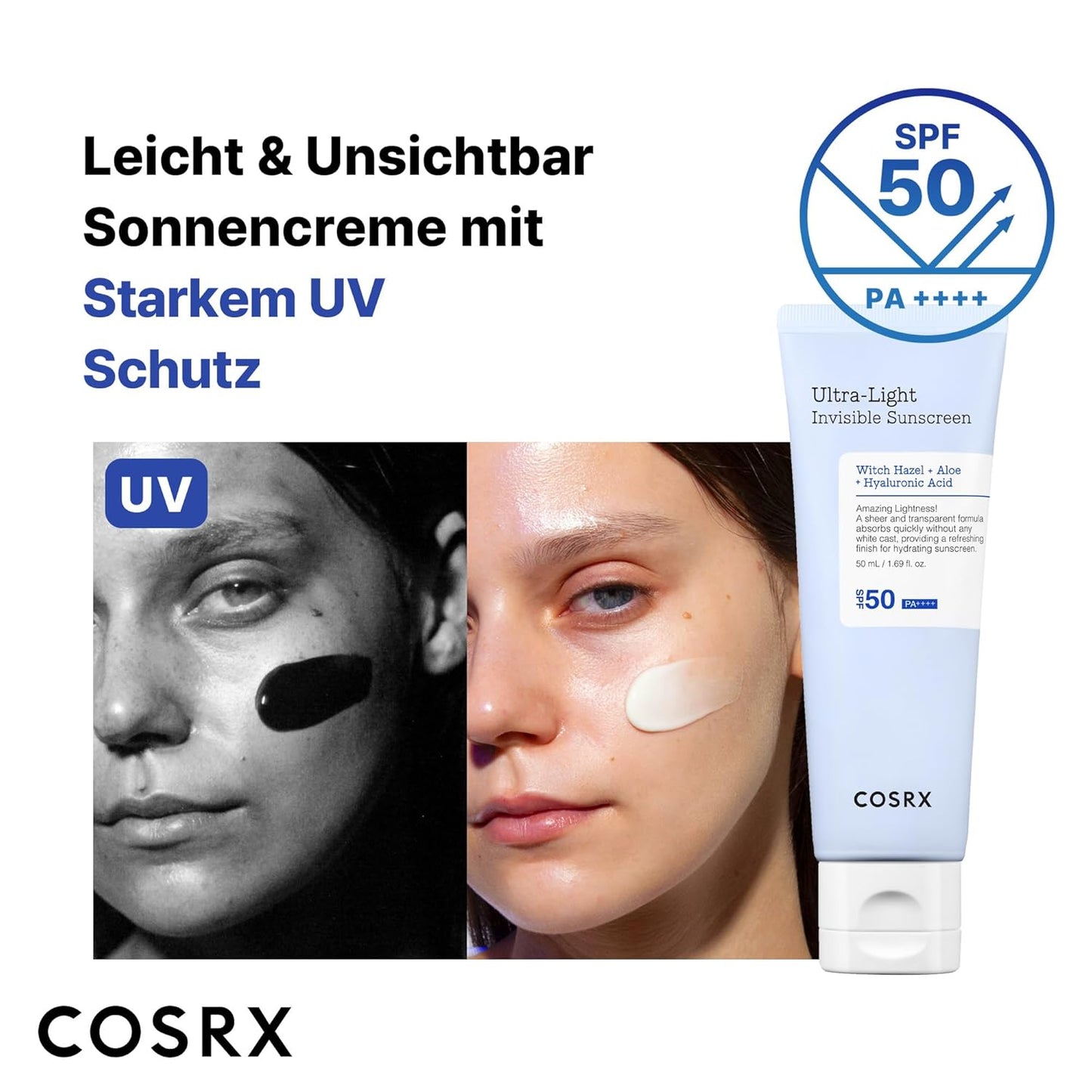 COSRX Ultra-Leichte Unsichtbare Sonnencreme LSF 50 Transparenter Sonnenschutz Mit Hyaluronsäure, Kein Weißer Schleier, Nicht Fettend, Starker Uv-Schutz, Sonnenpflege, Koreanische Sunscreen 50 Ml