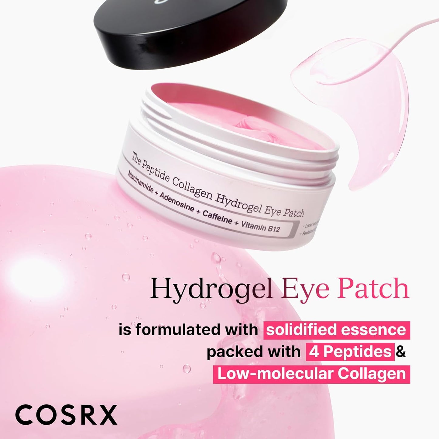 COSRX Pink Peptide Collagen Hydrogel Augenpads Mit Koffein Gegen Augenringe, Vermindert Das Volumen Von Tränensäcken Und Schwellungen, Anti-Falten Eye Pads, Korean Skincare, 60 Stück