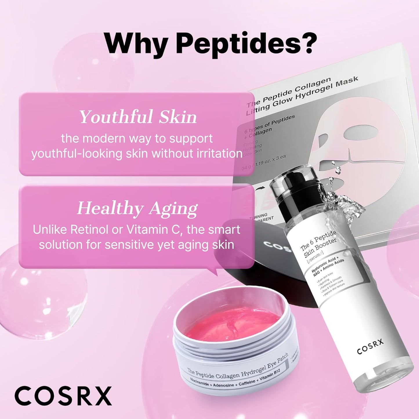 COSRX Pink Peptide Collagen Hydrogel Augenpads Mit Koffein Gegen Augenringe, Vermindert Das Volumen Von Tränensäcken Und Schwellungen, Anti-Falten Eye Pads, Korean Skincare, 60 Stück