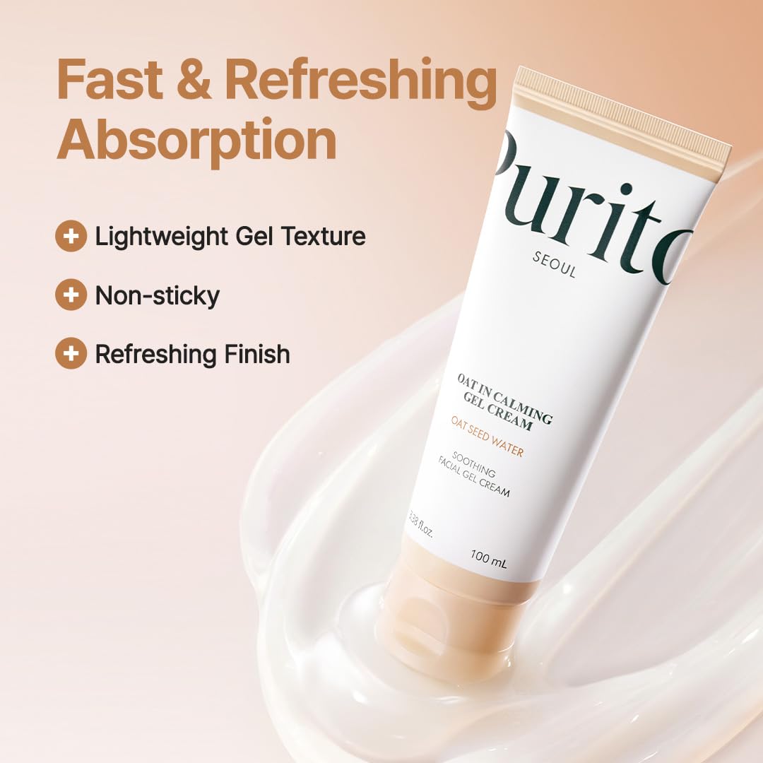 PURITO Oat in Calming Gel Cream, Oat Seed Water Hydration & Soothing, Lightweight, Non-Sticky FA Safe Moisturizer for Sensitive Skin, Non-Comedogenic, Fragrance-Free, Korean Skincare 100Ml