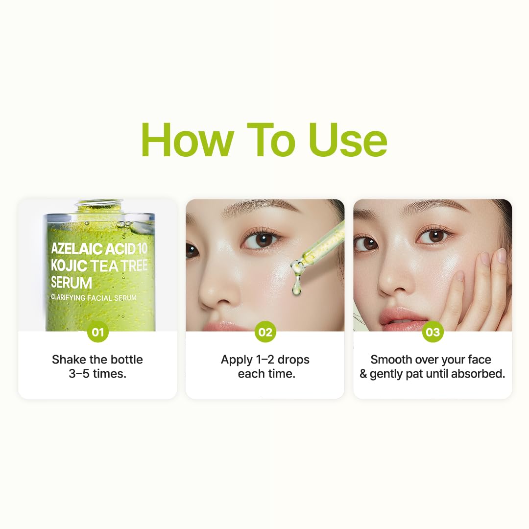 PURITO Azelaic Acid 10 Kojic Tea Tree Serum, Korean Facial Serum for Breakouts, Acne-Prone Skin, Marks, Pore Care & Even Tone, 20% Triple Active Formula with Tea Tree Capsules, 30Ml 1.01 Fl.Oz