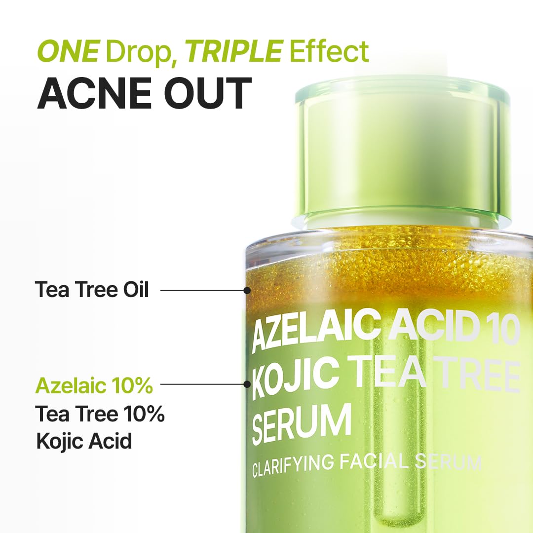 PURITO Azelaic Acid 10 Kojic Tea Tree Serum, Korean Facial Serum for Breakouts, Acne-Prone Skin, Marks, Pore Care & Even Tone, 20% Triple Active Formula with Tea Tree Capsules, 30Ml 1.01 Fl.Oz