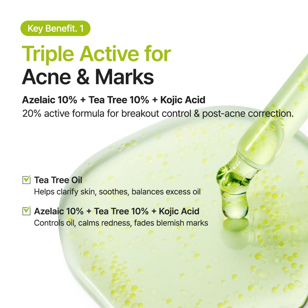 PURITO Azelaic Acid 10 Kojic Tea Tree Serum, Korean Facial Serum for Breakouts, Acne-Prone Skin, Marks, Pore Care & Even Tone, 20% Triple Active Formula with Tea Tree Capsules, 30Ml 1.01 Fl.Oz