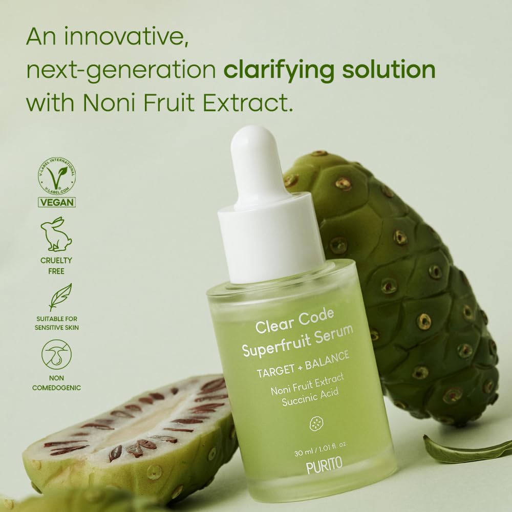 PURITO Clear Code Superfruit Serum 30Ml/1.01 Fl.Oz., Next-Generation Clarifying Solution with Noni Fruit Extract, Non-Irritating, Vegan, Cruelty-Free, Suitable for Sensitive Skin, Korean Skincare