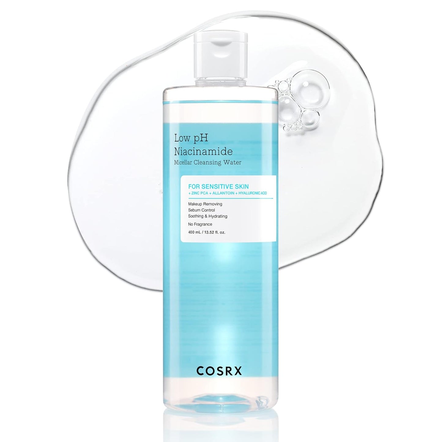 COSRX Low Ph Niacinamide Micellar Cleansing Water 13.52Fl.Oz/400Ml, Daily Mild Facial Cleansing Wash for Sensitive Skin, Sebum Control, Paraben Free, Korean Skincare
