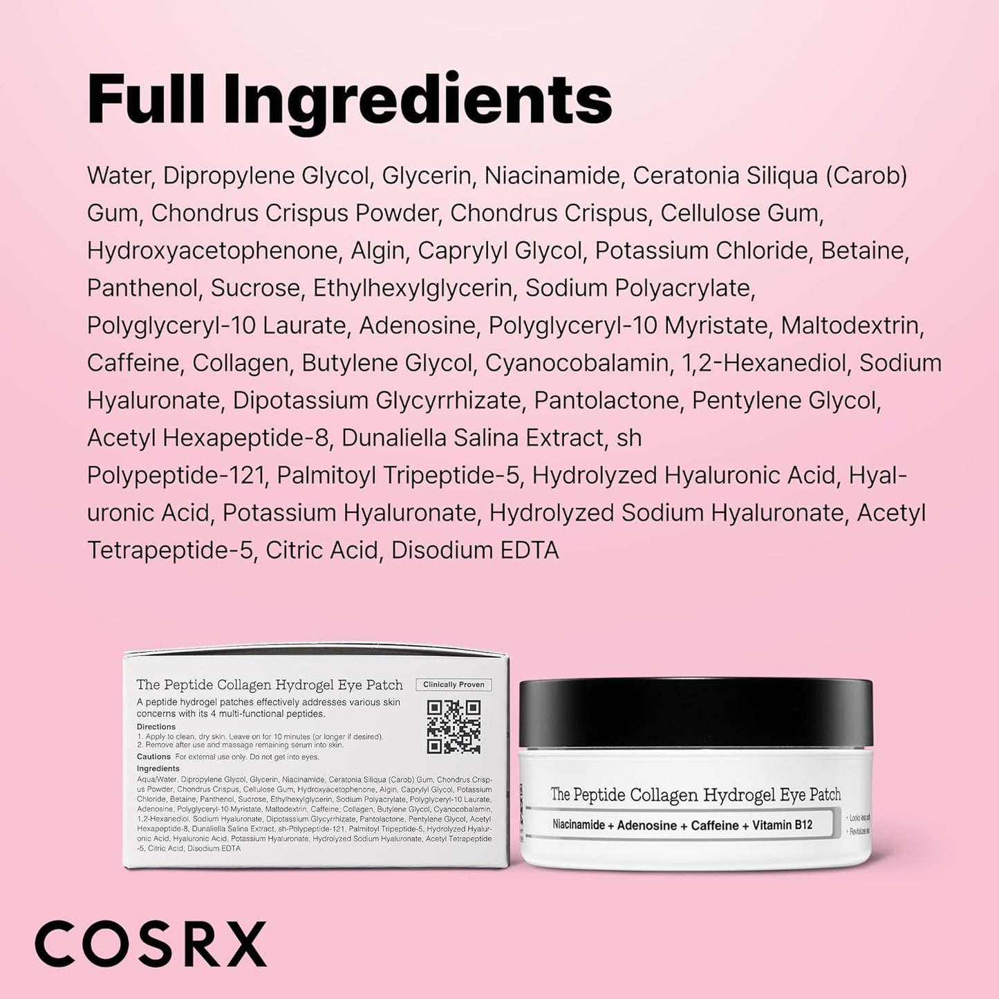 COSRX Pink Peptide Collagen Hydrogel Augenpads Mit Koffein Gegen Augenringe, Vermindert Das Volumen Von Tränensäcken Und Schwellungen, Anti-Falten Eye Pads, Korean Skincare, 60 Stück