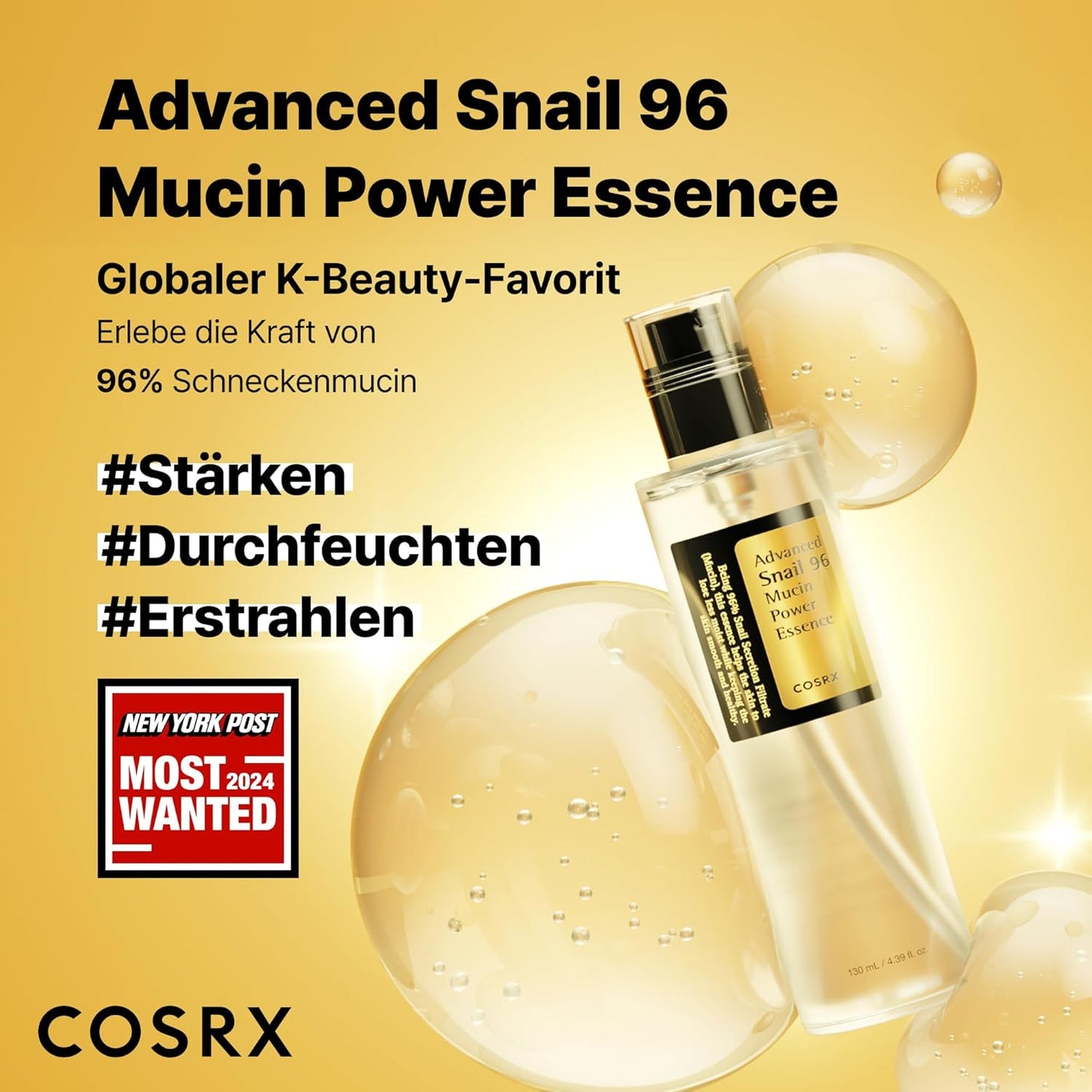 COSRX Fortschrittliche Schnecken-Muzin-96-Power-Essenz 100 Ml Fl. Oz | Schneckensekret-Filtrat 96 % | Hautreparaturserum | CPNP, Koreanische Hautpflege, Ohne Tierquälerei, Ohne Parabene, Ohne Alkohol