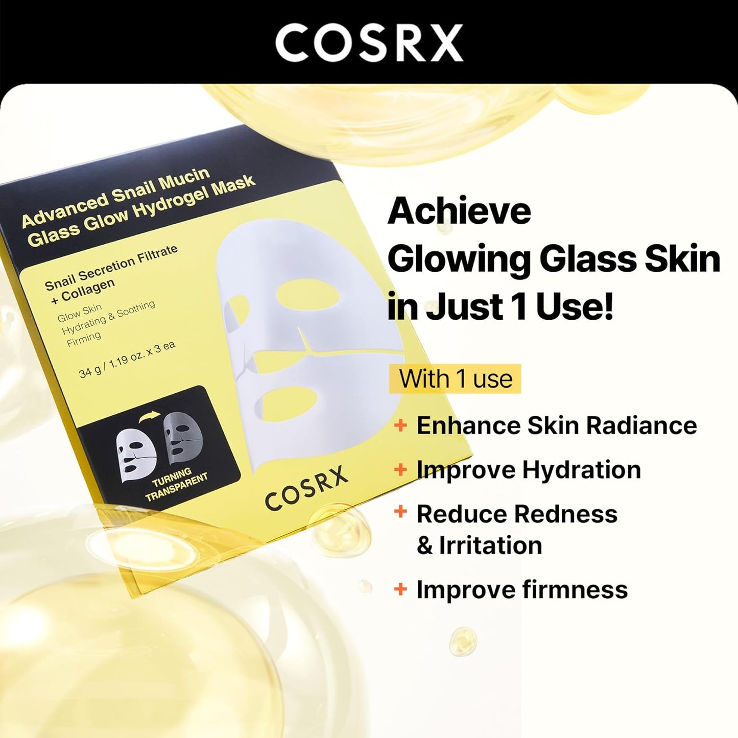 COSRX Advanced Snail Mucin Glass Glow Hydrogel Maske Collagen Gesichtsmaske Für Tiefenwirksame Feuchtigkeit Und Strahlenden Teint, Geeignet Für Alle Hauttypen, Korean Skincare 3 Stück