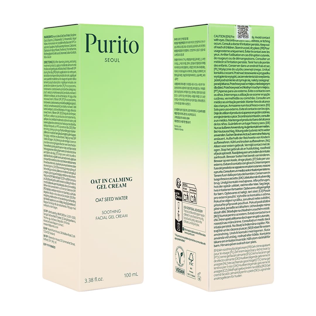 PURITO Oat in Calming Gel Cream, Oat Seed Water Hydration & Soothing, Lightweight, Non-Sticky FA Safe Moisturizer for Sensitive Skin, Non-Comedogenic, Fragrance-Free, Korean Skincare 100Ml