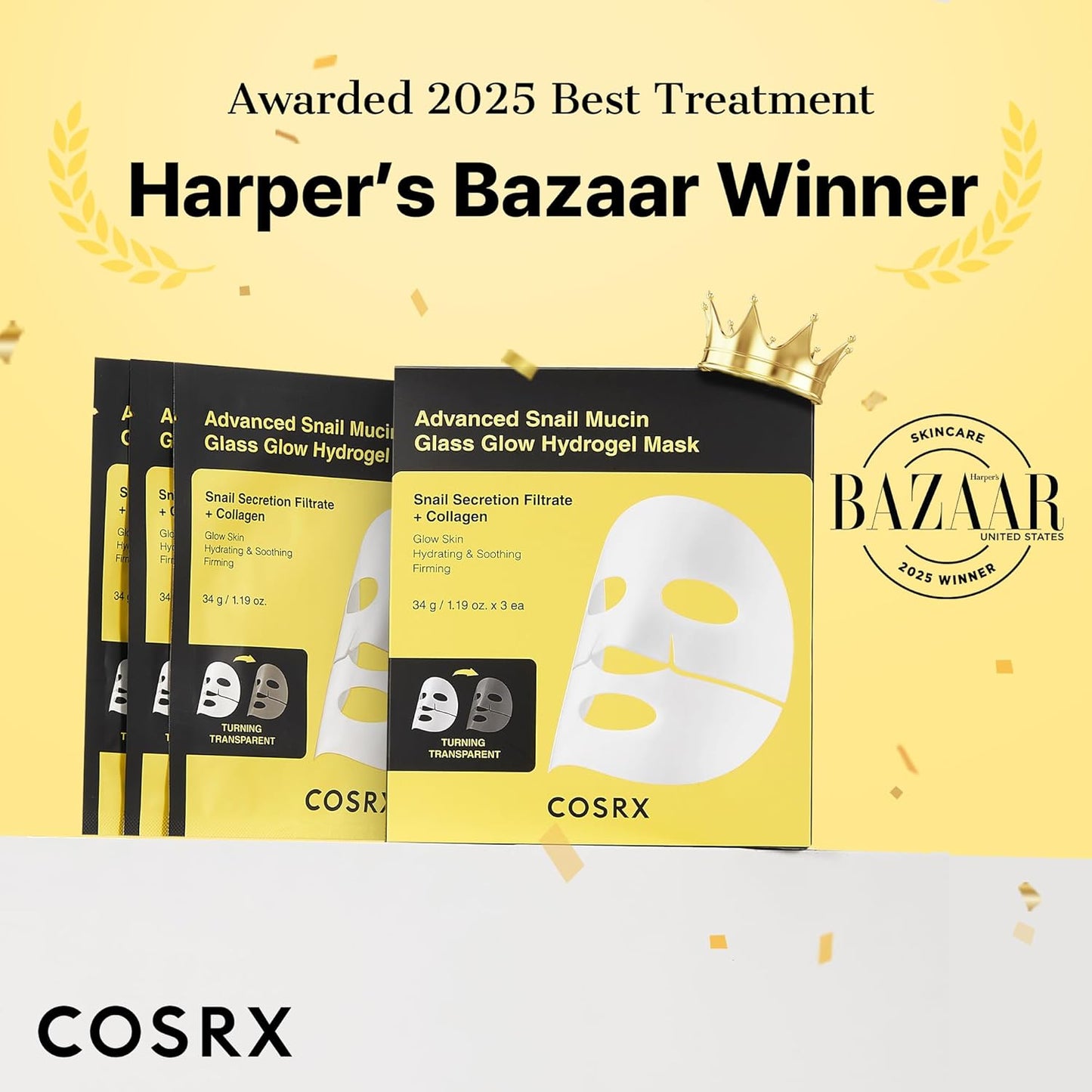 COSRX Advanced Snail Mucin Glass Glow Hydrogel Maske Collagen Gesichtsmaske Für Tiefenwirksame Feuchtigkeit Und Strahlenden Teint, Geeignet Für Alle Hauttypen, Korean Skincare 3 Stück