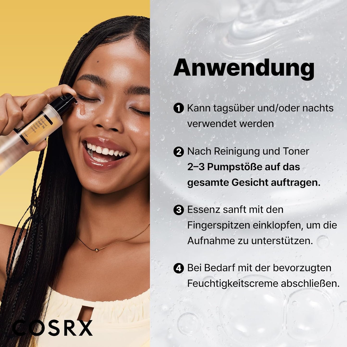 COSRX Fortschrittliche Schnecken-Muzin-96-Power-Essenz 100 Ml Fl. Oz | Schneckensekret-Filtrat 96 % | Hautreparaturserum | CPNP, Koreanische Hautpflege, Ohne Tierquälerei, Ohne Parabene, Ohne Alkohol