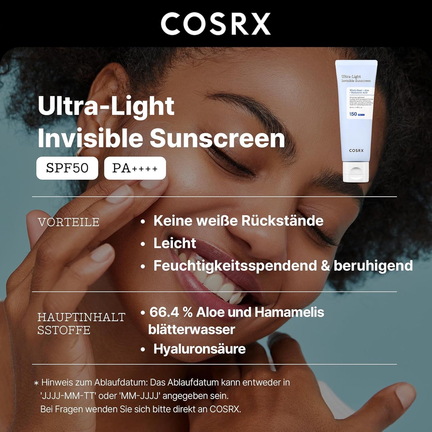 COSRX Ultra-Leichte Unsichtbare Sonnencreme LSF 50 Transparenter Sonnenschutz Mit Hyaluronsäure, Kein Weißer Schleier, Nicht Fettend, Starker Uv-Schutz, Sonnenpflege, Koreanische Sunscreen 50 Ml