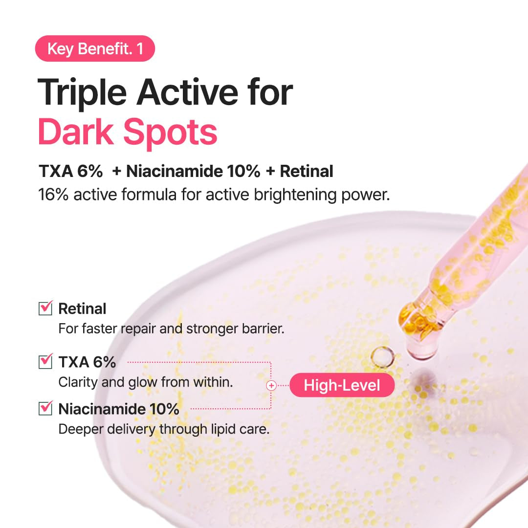 PURITO TXA 6% Niacinamide 10 Retinal Facial Serum, for Dark Spots, Post-Acne Marks, Uneven Tone & Hyperpigmentation, 16% Triple Active Formula for Clear Skin, Korean Skincare, 30Ml 1.01 Fl.Oz