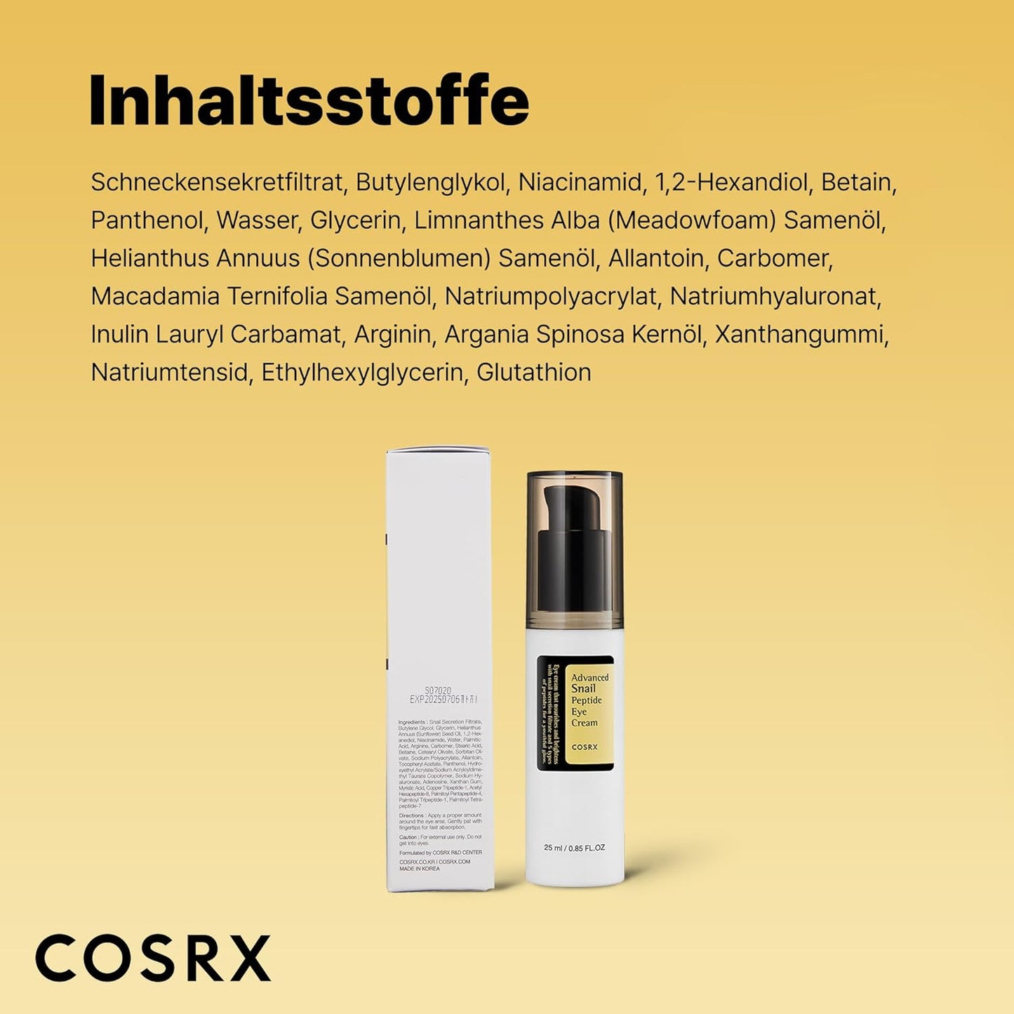 COSRX Snail Peptide Eye Cream Mit 73,7% Schneckenschleim Und Hyaluronsäure - Aufhellende Anti-Aging Korean Augencreme Gegen Feine Linien Und Dunkle Kreise, 25Ml, Korean Skincare
