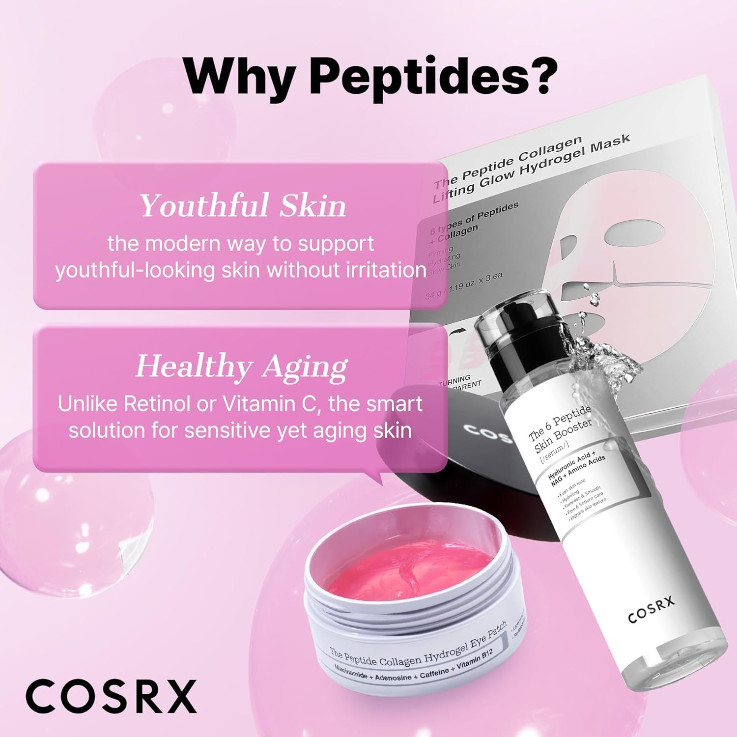COSRX Pink Peptide Collagen Hydrogel Augenpads Mit Koffein Gegen Augenringe, Vermindert Das Volumen Von Tränensäcken Und Schwellungen, Anti-Falten Eye Pads, Korean Skincare, 60 Stück