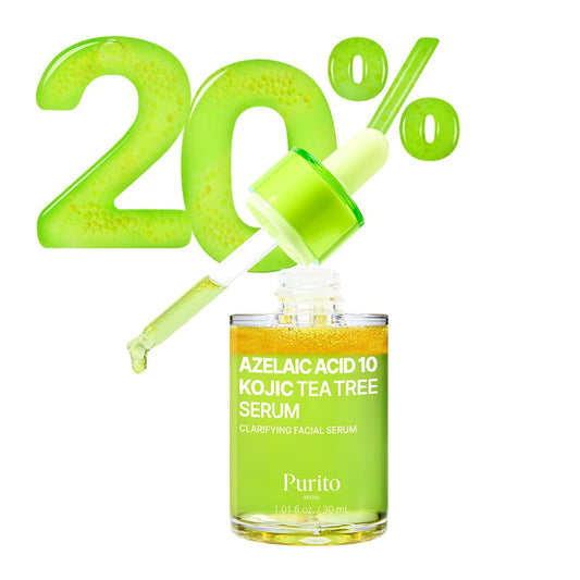PURITO Azelaic Acid 10 Kojic Tea Tree Serum, Korean Facial Serum for Breakouts, Acne-Prone Skin, Marks, Pore Care & Even Tone, 20% Triple Active Formula with Tea Tree Capsules, 30Ml 1.01 Fl.Oz