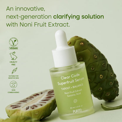PURITO Clear Code Superfruit Serum 30Ml/1.01 Fl.Oz., Next-Generation Clarifying Solution with Noni Fruit Extract, Non-Irritating, Vegan, Cruelty-Free, Suitable for Sensitive Skin, Korean Skincare
