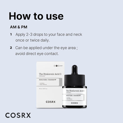 COSRX Pure Hyaluronic Acid 3% Serum, Reines Hyaluron Serum Hochdosiert - Mit Reiner Hyaluronsäure & Ceramide, anti Aging & anti Falten Feuchtigkeitspflege, Für Alle Hauttypen, Korean Skincare