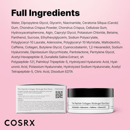 COSRX Pink Peptide Collagen Hydrogel Augenpads Mit Koffein Gegen Augenringe, Vermindert Das Volumen Von Tränensäcken Und Schwellungen, Anti-Falten Eye Pads, Korean Skincare, 60 Stück