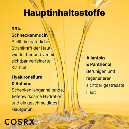 COSRX Fortschrittliche Schnecken-Muzin-96-Power-Essenz 100 Ml Fl. Oz | Schneckensekret-Filtrat 96 % | Hautreparaturserum | CPNP, Koreanische Hautpflege, Ohne Tierquälerei, Ohne Parabene, Ohne Alkohol