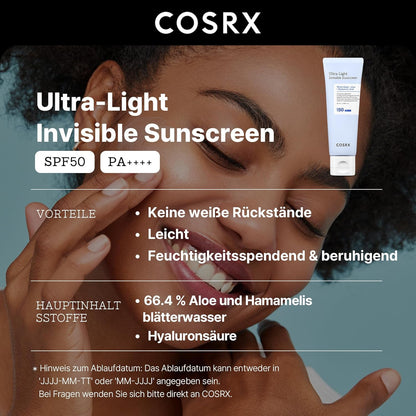 COSRX Ultra-Leichte Unsichtbare Sonnencreme LSF 50 Transparenter Sonnenschutz Mit Hyaluronsäure, Kein Weißer Schleier, Nicht Fettend, Starker Uv-Schutz, Sonnenpflege, Koreanische Sunscreen 50 Ml